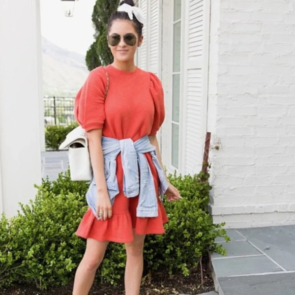 ULLA Johnson Landry Puff Sleeve Sweatshirt Dress in Chili Red Orange P XS - Picture 1 of 16